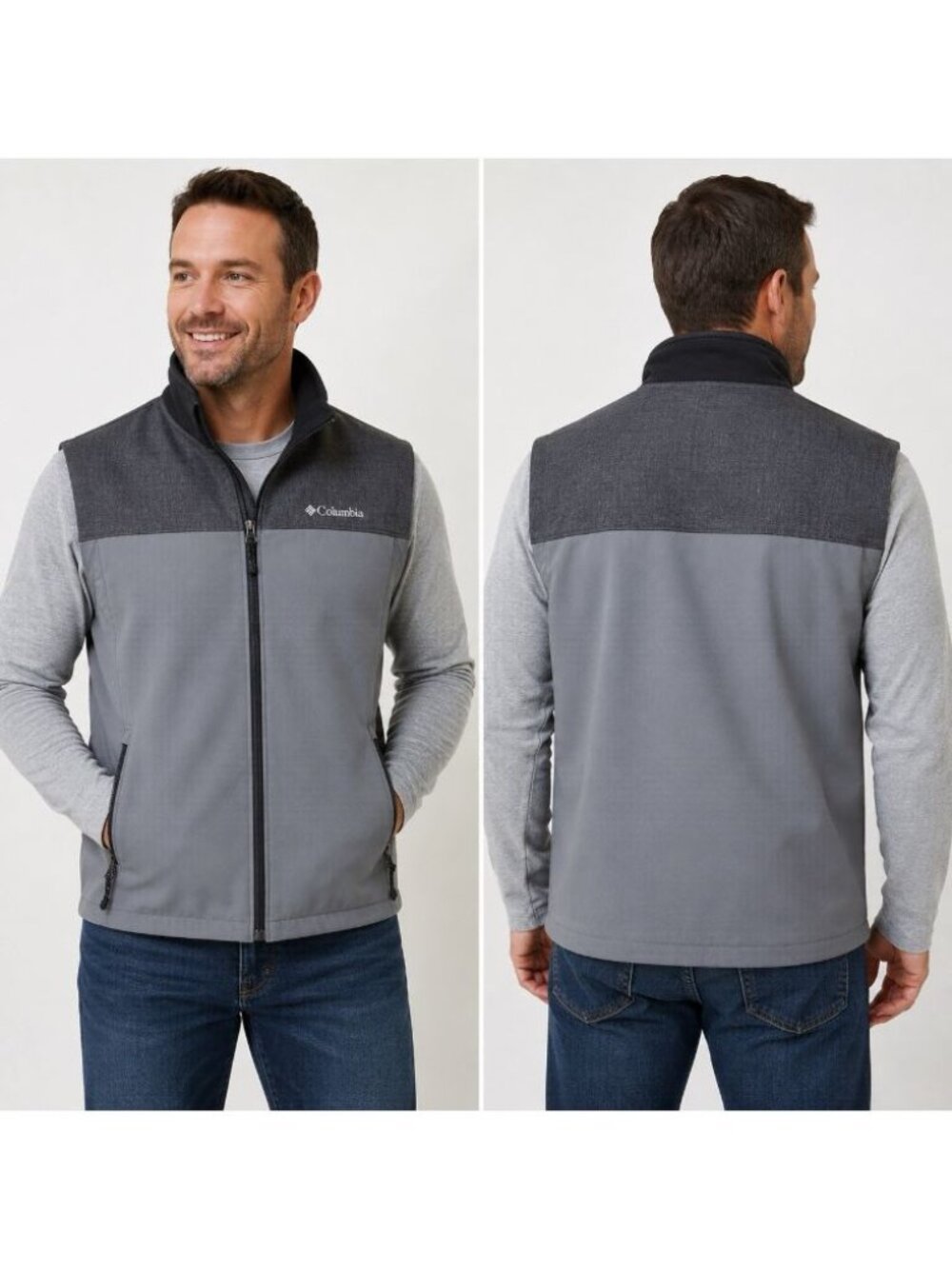 Columbia Vest Mens Large Gray Titanium Fleece Zip Front Nylon Yoke Pockets
